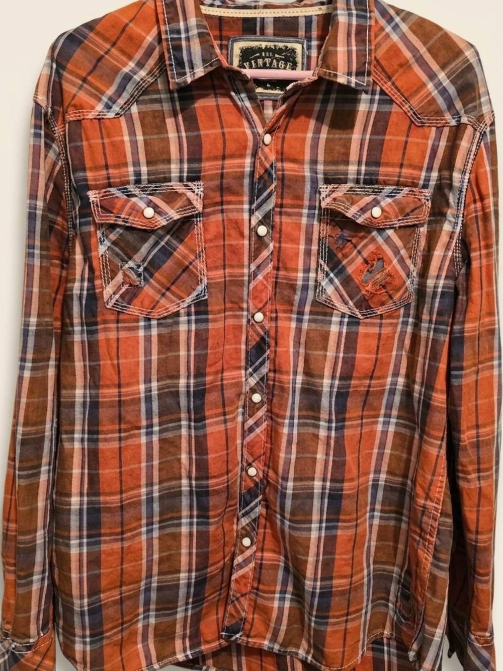 BKE Orange and Blue Plaid Button-Down Shirt